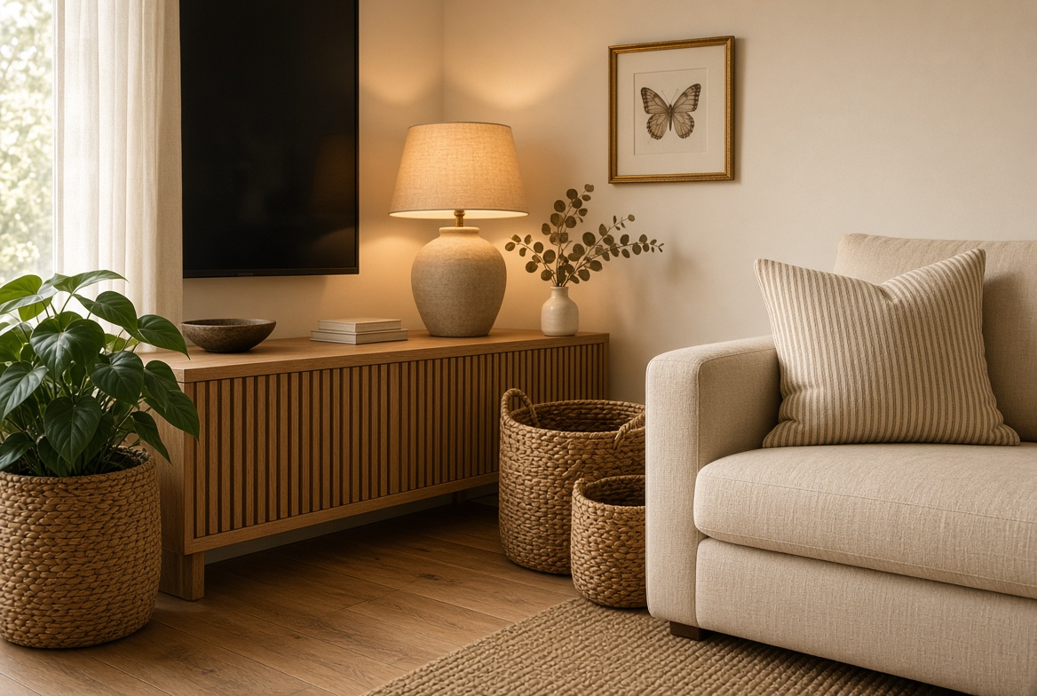 A collected living room with fluted wood console, woven baskets, and warm lamp light
